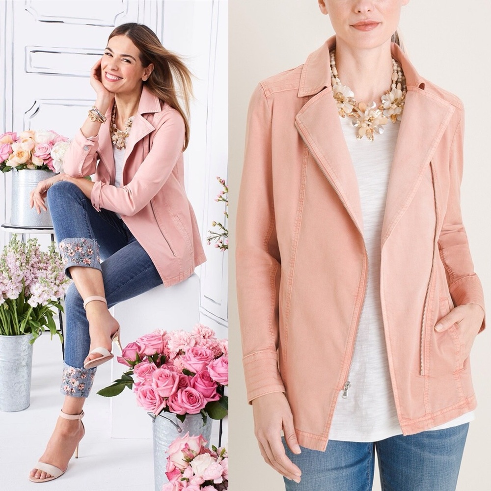 CHICOS Elongated Moto Jacket Twill Asymmetrical Zip Front in Peach Pink Size 3